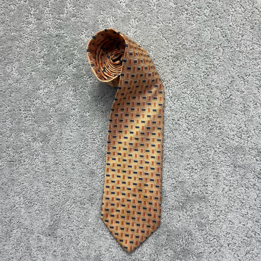 Brooks Brothers Makers Silk Tie Mens 61" Gold Blue Orange Geometric Pattern